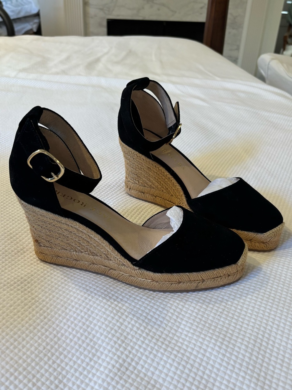 Jack Rogers Palmer Black Suede Espadrille Wedge Ankle-Strap Shoes-size 8M